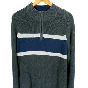 Izod Mens Large 1/4 Zip Pullover Sweater Gray Blue Striped Ribbed